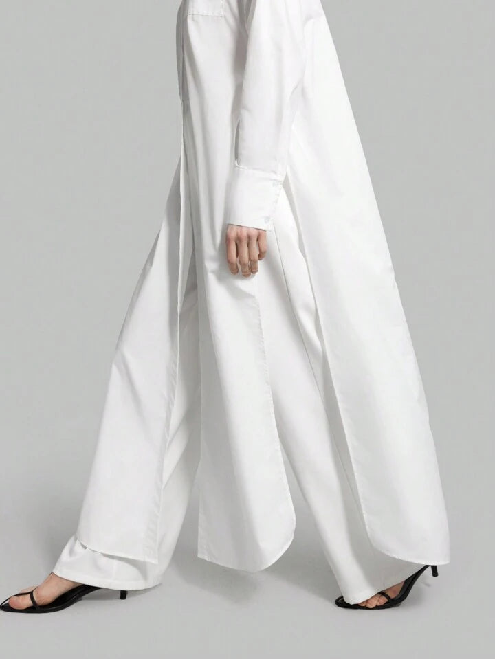 CM-TS859922 Women Casual Seoul Style Shirt Collar Long Sleeve Front Button High Slit Long Shirt - White