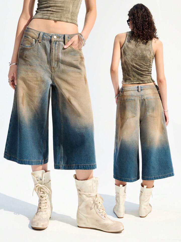 CM-BS727919 Women Casual Seoul Style Loose Flared Wide Leg 7/8 Denim Jeans