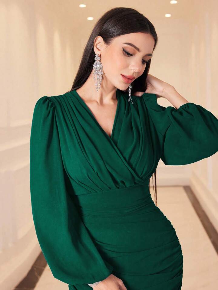 CM-DS555473 Women Elegant Seoul Style V-Neck Lantern Sleeve Pleated Ruffle Hem Dress - Green