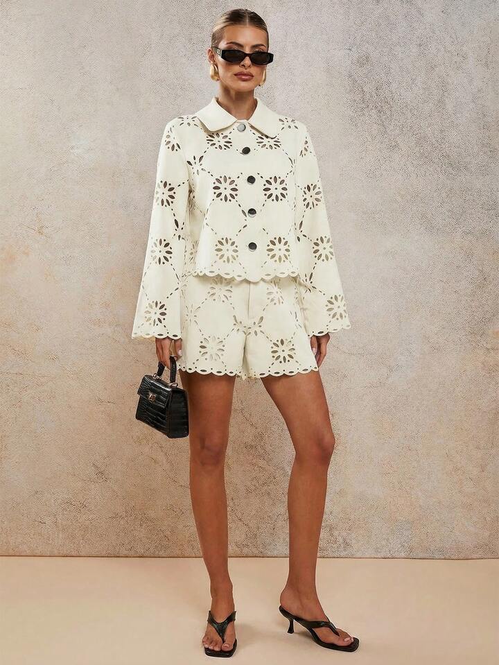 CM-SS089796 Women Elegant Seoul Style Laser Cut Long Sleeve Single-Breasted Blouse With Loose Shorts - Set