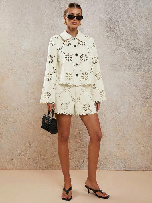 CM-SS089796 Women Elegant Seoul Style Laser Cut Long Sleeve Single-Breasted Blouse With Loose Shorts - Set