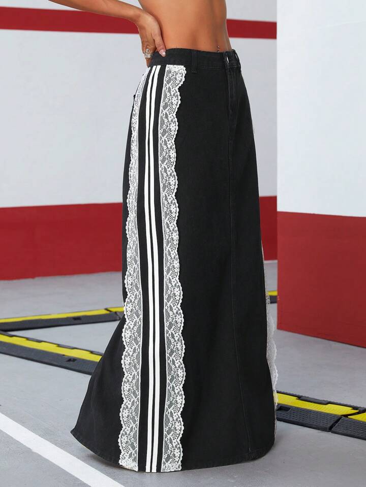 CM-BS851755 Women Casual Seoul Style Ribbon Trim Frayed Raw Hem Slit Washed Denim Mid Skirt - Black