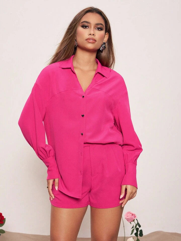 CM-TS560262 Women Casual Seoul Style Loose-Fitting Dropped Shoulder Long Sleeve Shirt - Hot Pink