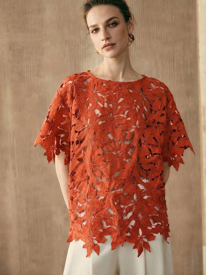 CM-TS529067 Women Trendy Bohemian Style Embroidered Round Neck Short Sleeve Top - Orange