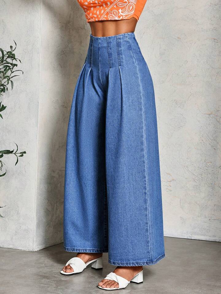 CM-BS299895 Women Casual Seoul Style Medium Wash High Waist Pleated Loose Wide Leg Jeans