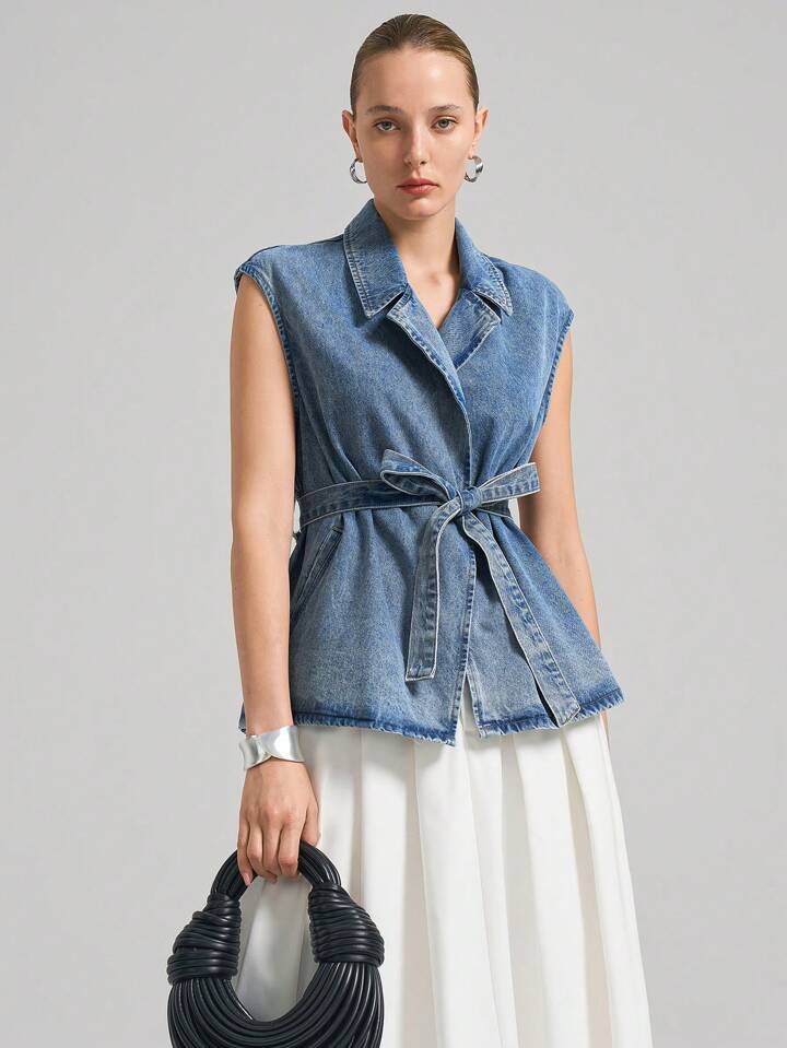 CM-TS292467 Women Casual Seoul Style Dark Wash Waterfall Neckline Sleeveless Denim Vest With Removable Belt