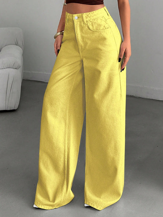 CM-BS275228 Women Casual Seoul Style High-Waisted Wide-Leg Denim Jeans - Pale Yellow