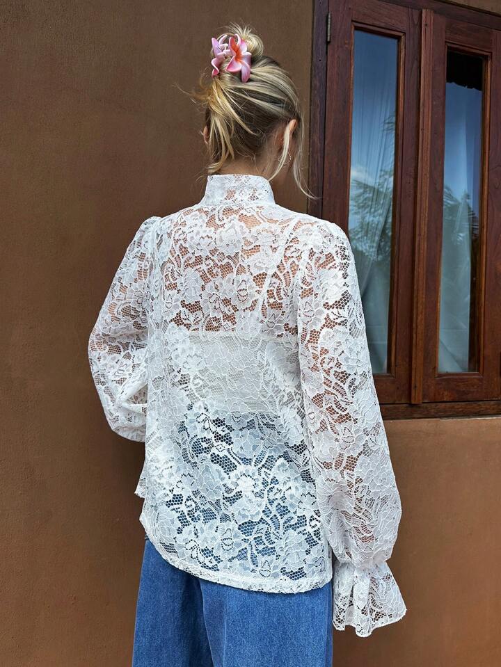 CM-TS646834 Women Trendy Bohemian Style Bow-Tie Strap Lantern Sleeve Lace Shirt - White