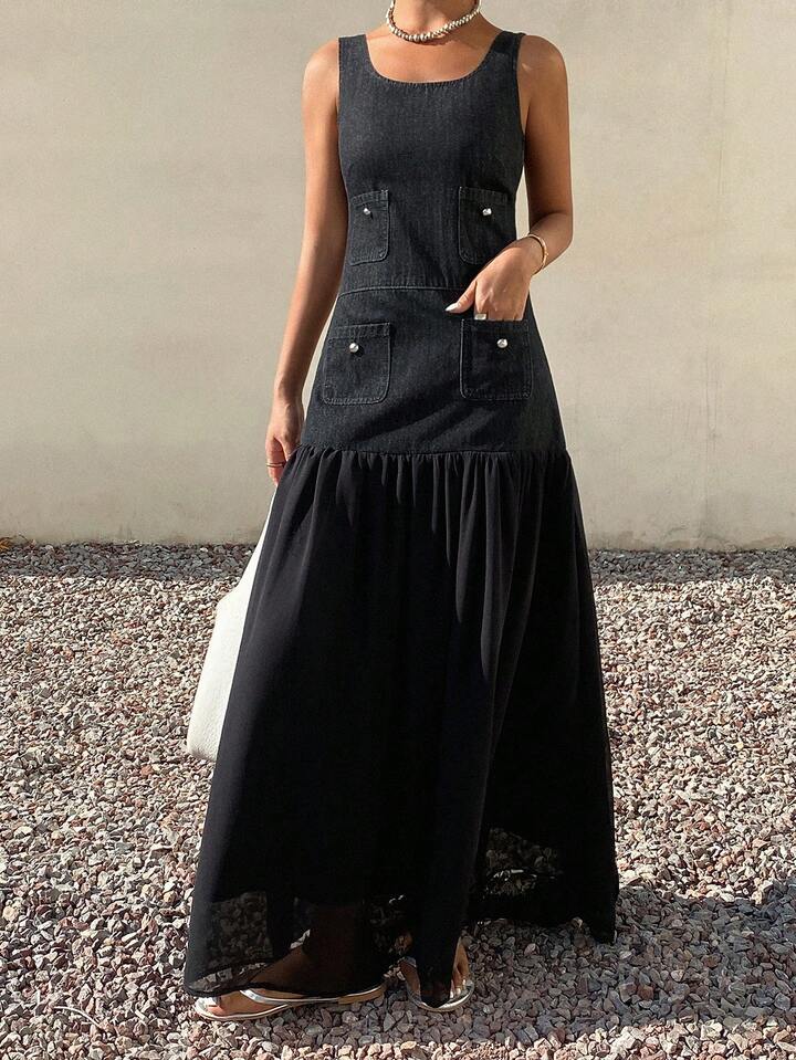 CM-DS140723 Women Casual Seoul Style Dark Wash Scoop Neck Sleeveless Mesh Patchwork Long Denim Dress