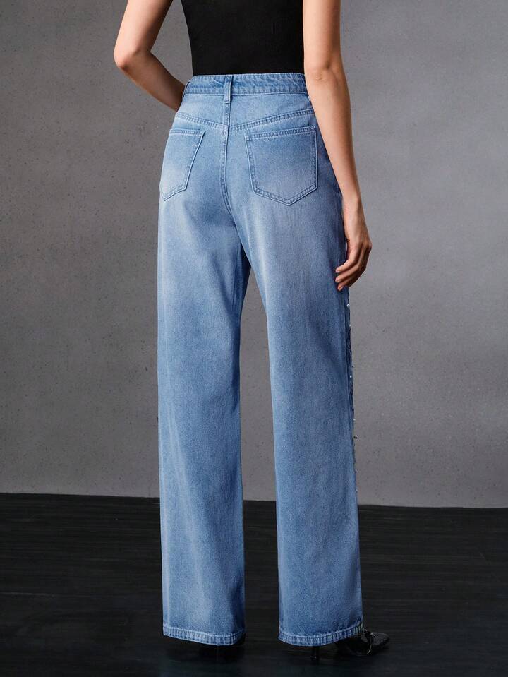 CM-BS039013 Women Elegant Seoul Style Mid Waist Embroidered Straight Leg Jeans - Blue