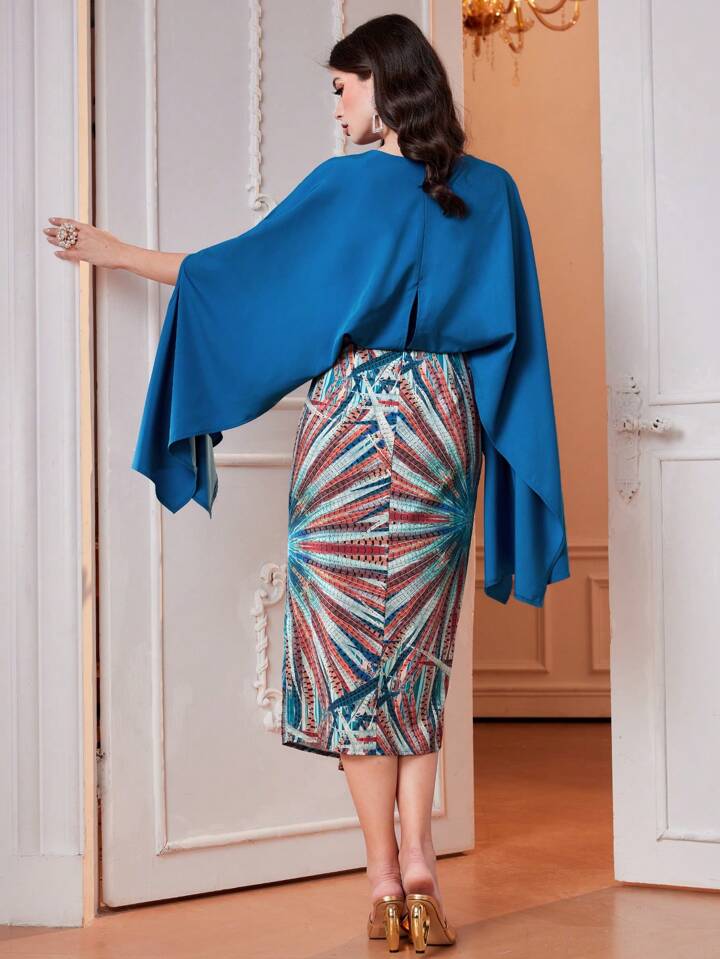 CM-DS011201 Women Elegant Seoul Style Square Neck Patchwork Floral Side Slit Sleeves Dress