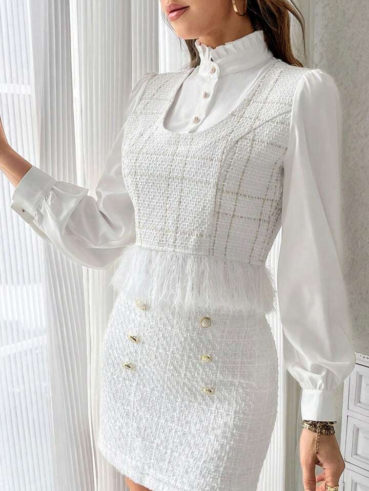 CM-TS785705 Women Elegant Seoul Style Plaid Pattern Fringe Hem Button 2 In 1 Blouse - White