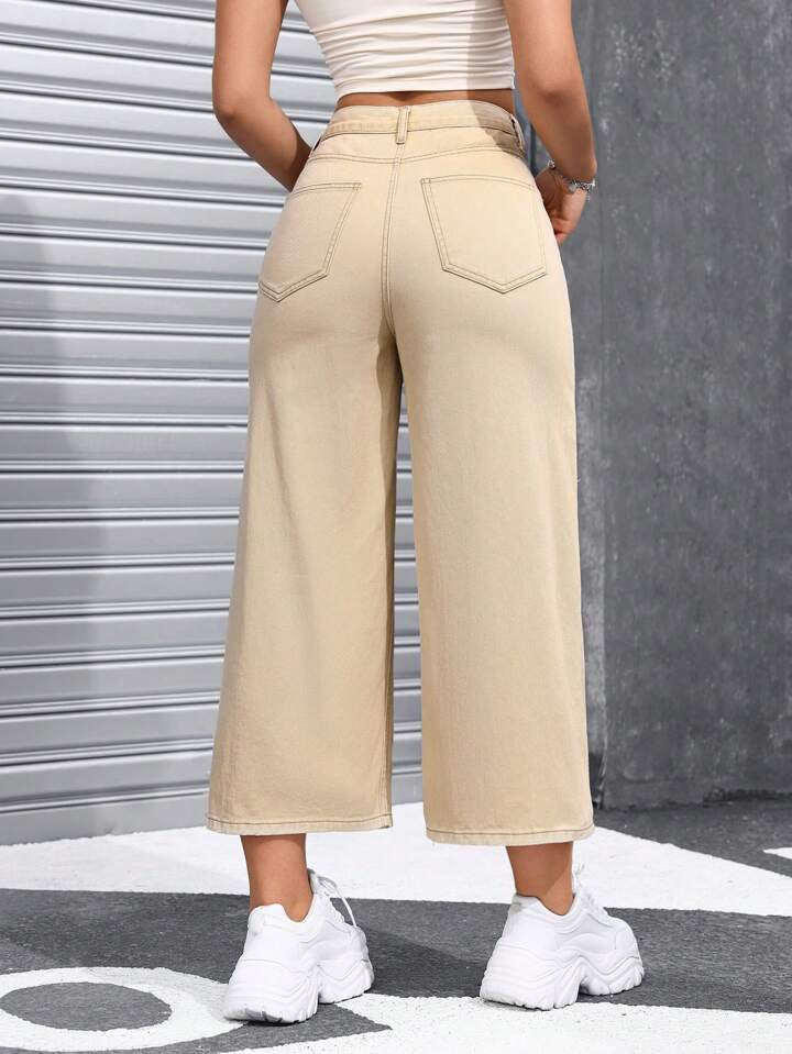 CM-BS517977 Women Casual Seoul Style High-Waisted Baggy Wide Leg Capri Denim - Khaki