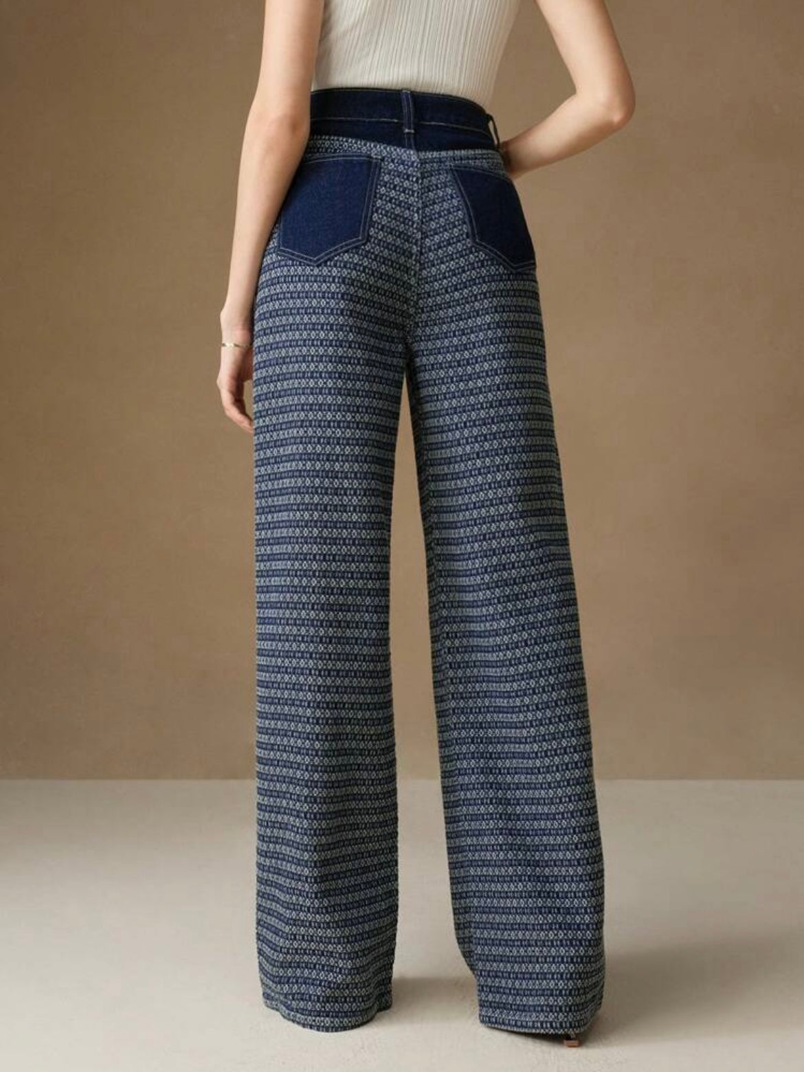 CM-BS572092 Women Casual Seoul Style Colorblock Jacquard Loose Wide-Leg Jeans - Dark Blue