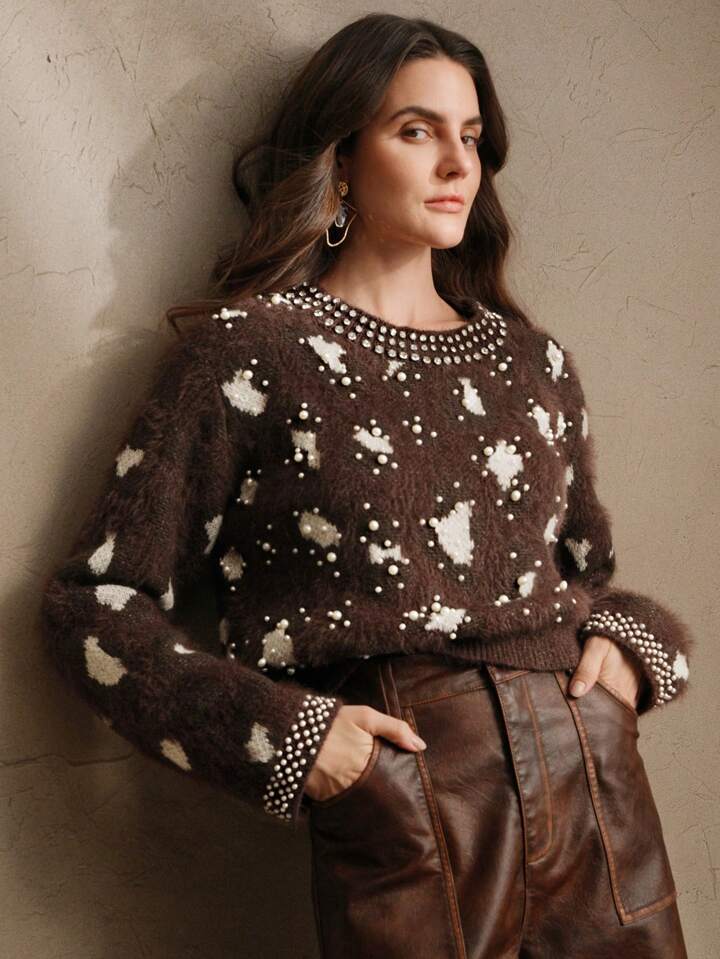 CM-CS247511 Women Casual Seoul Style Leopard Print Embellished Studded Fluffy Knit Sweater - Coffee Brown