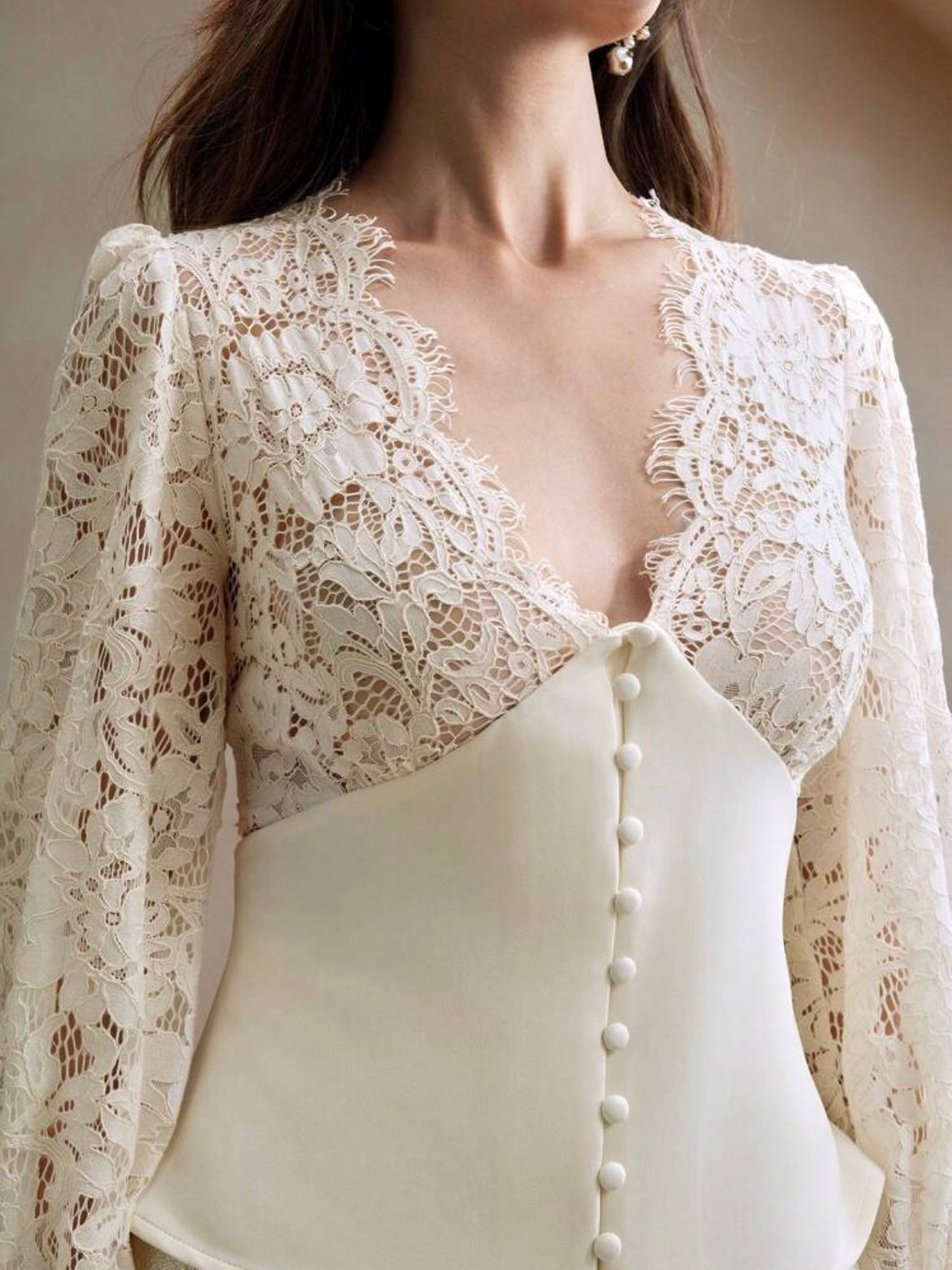 CM-TS025304 Women Elegant Seoul Style V-Neck Lace Patchwork Cinching Waist Top - Apricot