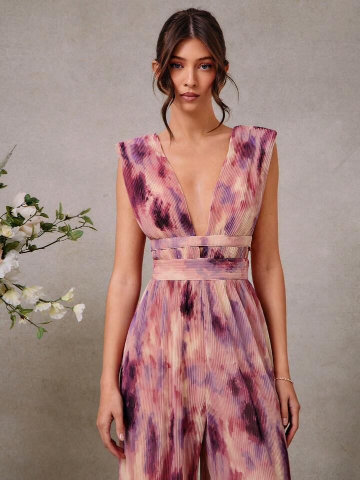 CM-JS130035 Women Trendy Bohemian Style All-Over Print Deep V-Neck Pleated Wide Leg Jumpsuit