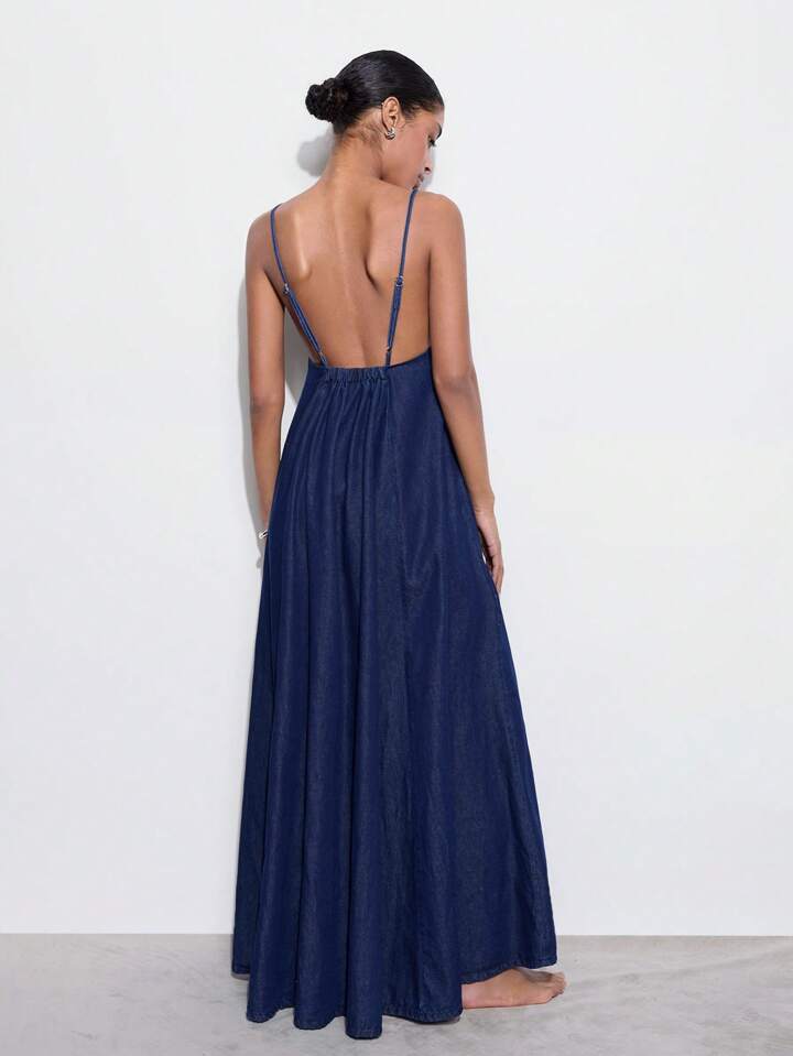 CM-DS922810 Women Casual Seoul Style Dark Wash Spaghetti Strap Slip Backless Denim Dress