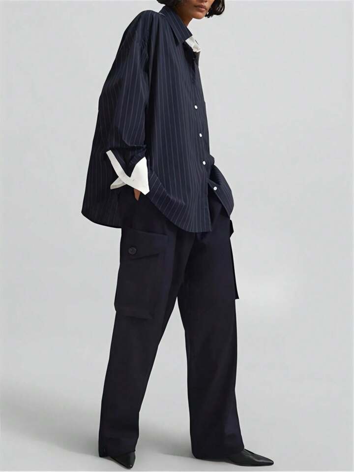 CM-TS867357 Women Elegant Seoul Style Shirt Collar Button Front Long Sleeve Striped Blouse - Navy Blue
