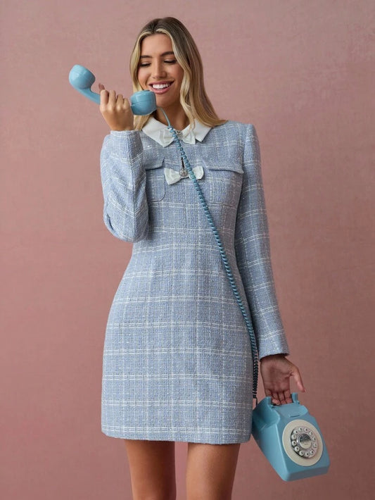 CM-DS788805 Women Elegant Seoul Style Plaid Print Bow Decor Collar Neckline Long Sleeve Mini Dress - Blue