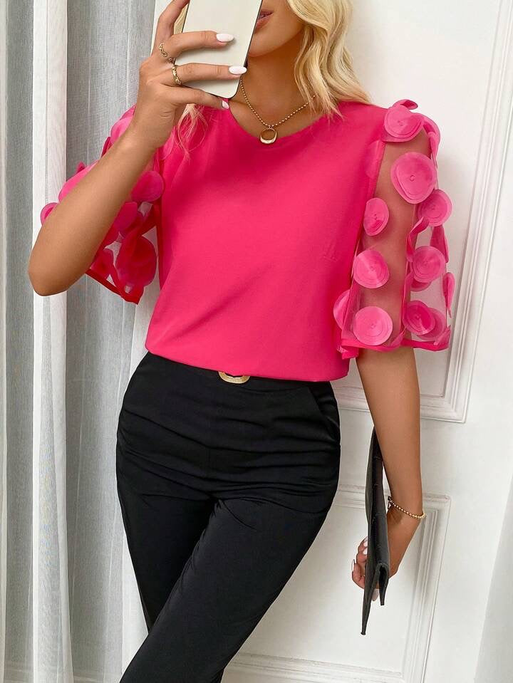 CM-TS263420 Women Casual Seoul Style Round Neck Contrast Mesh Sleeve Blouse - Hot Pink