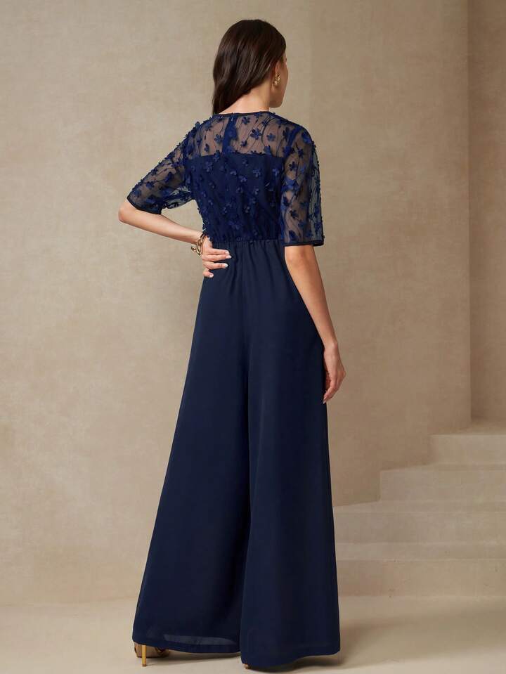 CM-JS605655 Women Elegant Seoul Style Round Neck Half Sleeve Mesh Buckle Wide Leg Jumpsuit