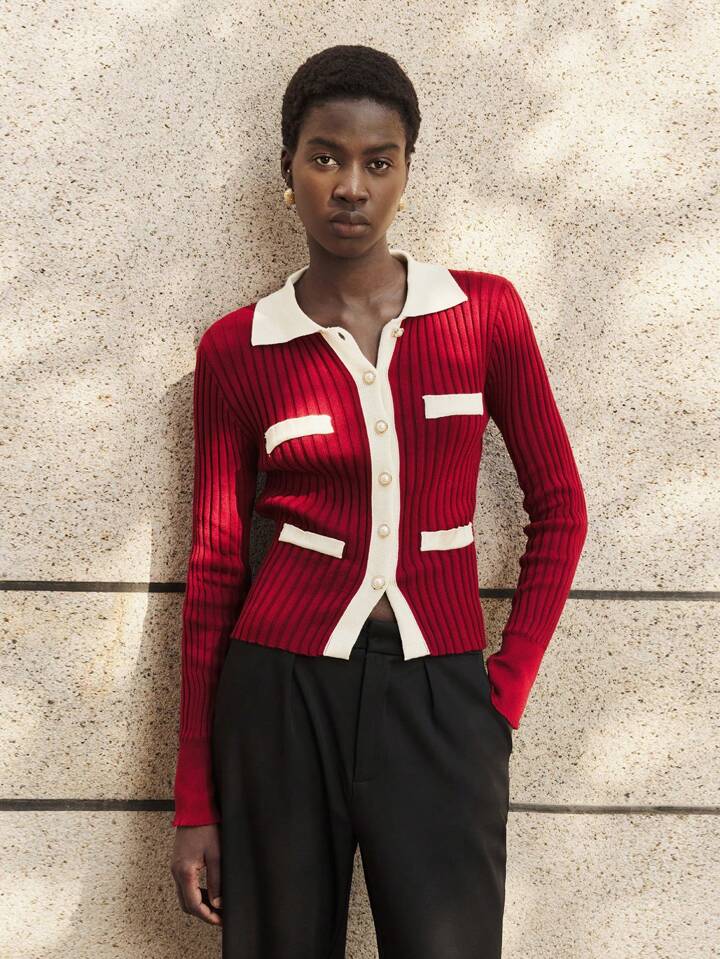 CM-CS143430 Women Casual Seoul Style Collar Neckline Long Sleeve Colorblock Knitted Sweater - Red