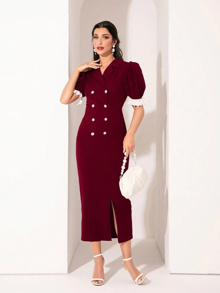 CM-DS071117 Women Elegant Seoul Style Lace Patchwork Double-Breasted Puff Sleeve Dress - Burgundy