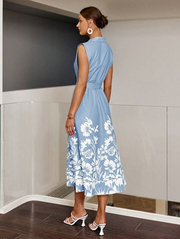CM-DS451775 Women Elegant Seoul Style Floral Printed Front Button Sleeveless Dress - Blue