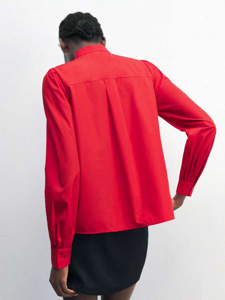 CM-TS178815 Women Elegant Seoul Style Bow Decor Shirt Collar Button-Up Long Sleeve Blouse - Red