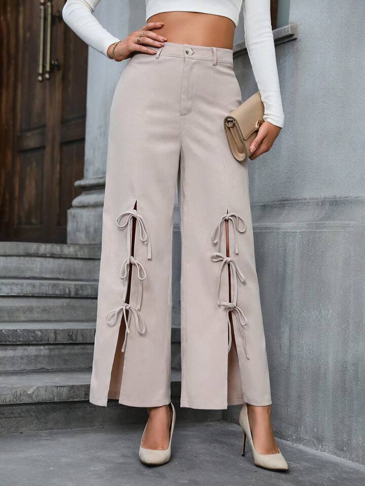 CM-BS405175 Women Casual Seoul Style Bowknot Decoration High Slit Wide Leg Pants - Apricot