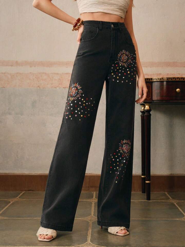 CM-BS322616 Women Casual Seoul Style Diamond Embroidered Floral Straight-Leg Jeans
