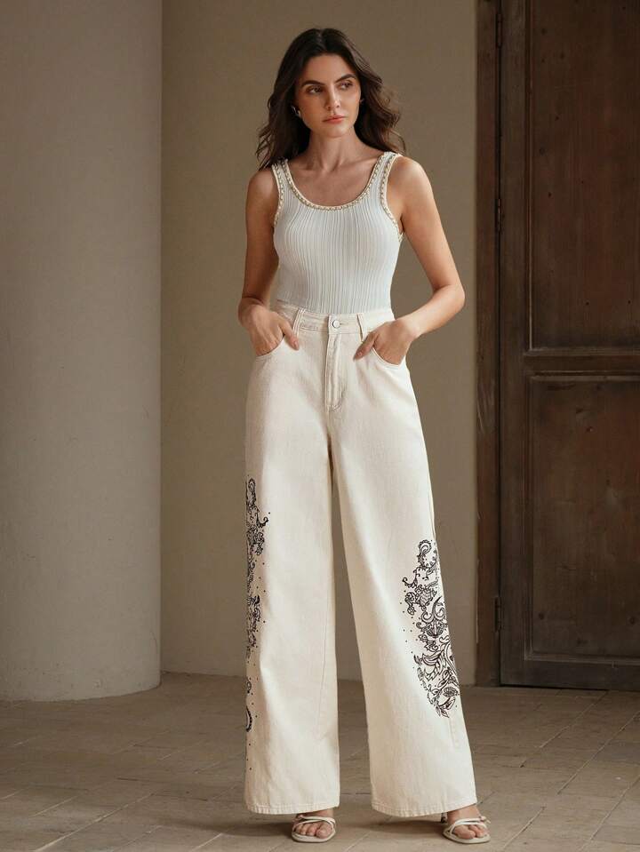 CM-BS152436 Women Elegant Seoul Style Mid Waist Embroidery Rhinestone Decor Straight Leg Jeans - Beige