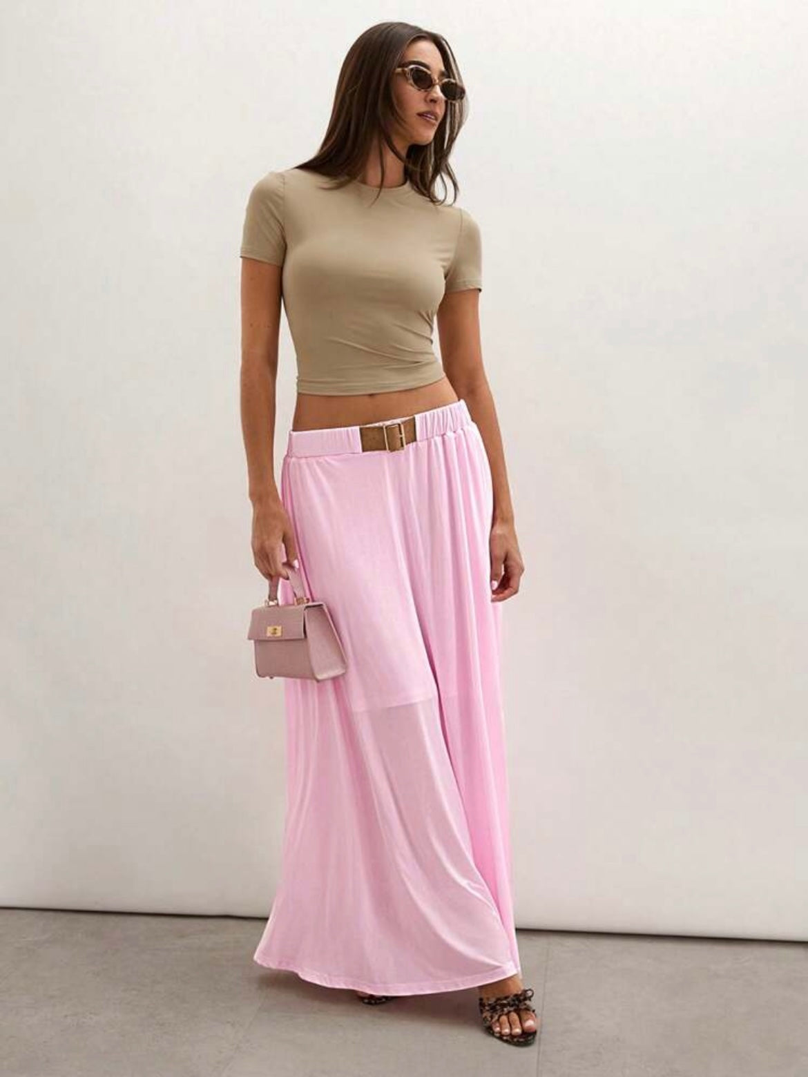 CM-BS232626 Women Trendy Bohemian Style Solid Color Waistband Flared Maxi Skirt - Baby Pink