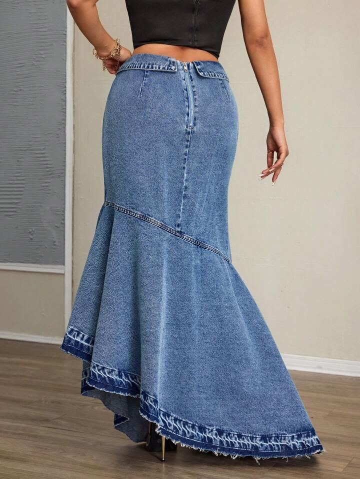 CM-BS787000 Women Casual Seoul Style Asymmetric Hem Folding Waist Denim Skirt - Blue
