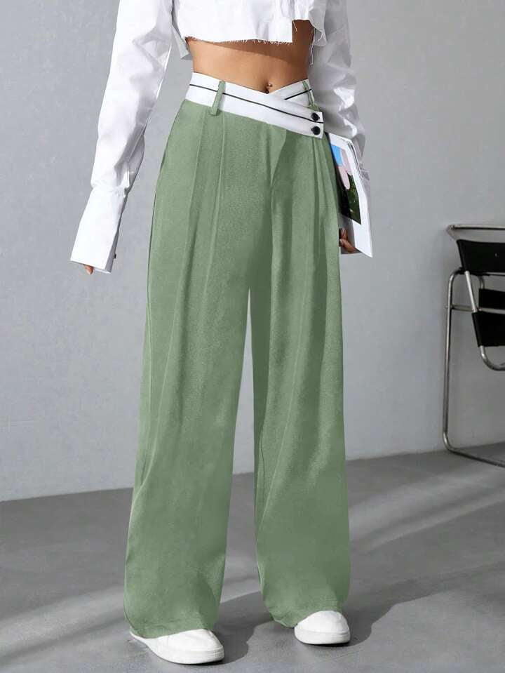 CM-BS115964 Women Casual Seoul Style Asymmetrical High Waist Straight Leg Pants - Green