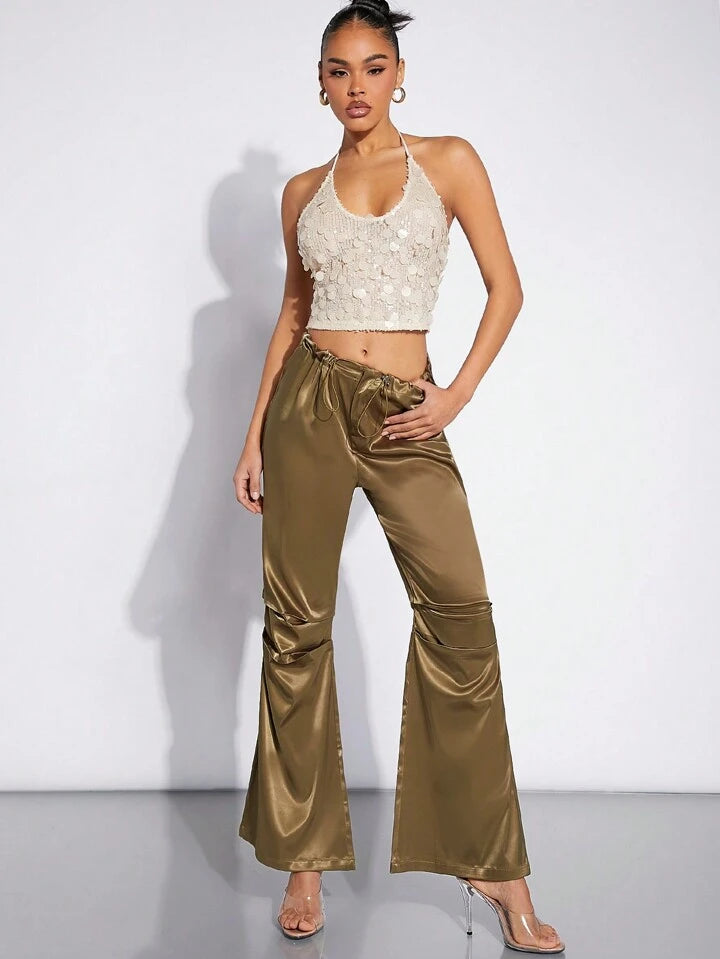 CM-BS322598 Women Elegant Seoul Style Drawstring Waist Pleated Satin Pants - Olive Green