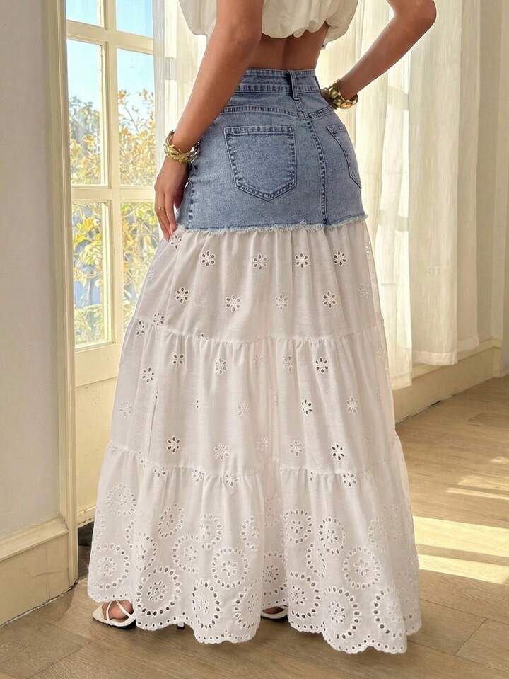 CM-BS483954 Women Casual Seoul Style Low Waist Hollow-Out Embroidery Patchwork Denim Skirt