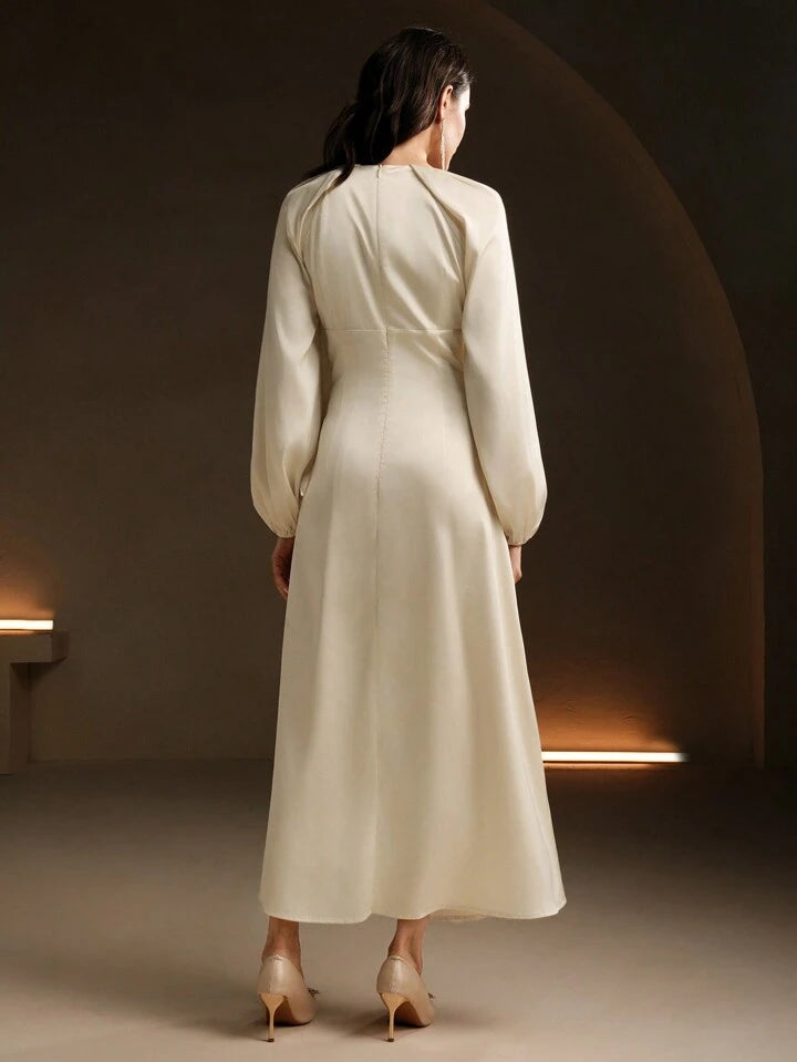 CM-DS744452 Women Elegant Seoul Style Satin Raglan Sleeve Chain Decor Cinched Waist Mid-Length Dress