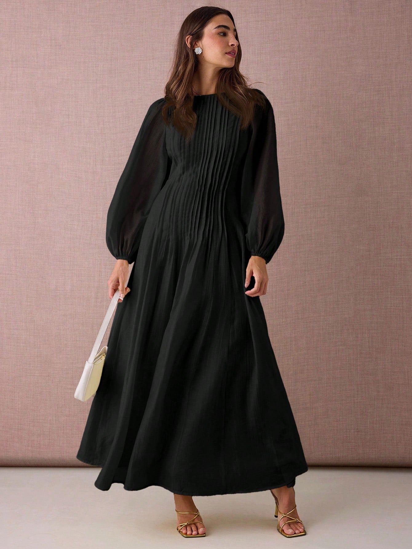 CM-DS935764 Women Elegant Seoul Style Round Neck Lantern Sleeve Pleated Design A-Line Maxi Dress - Black