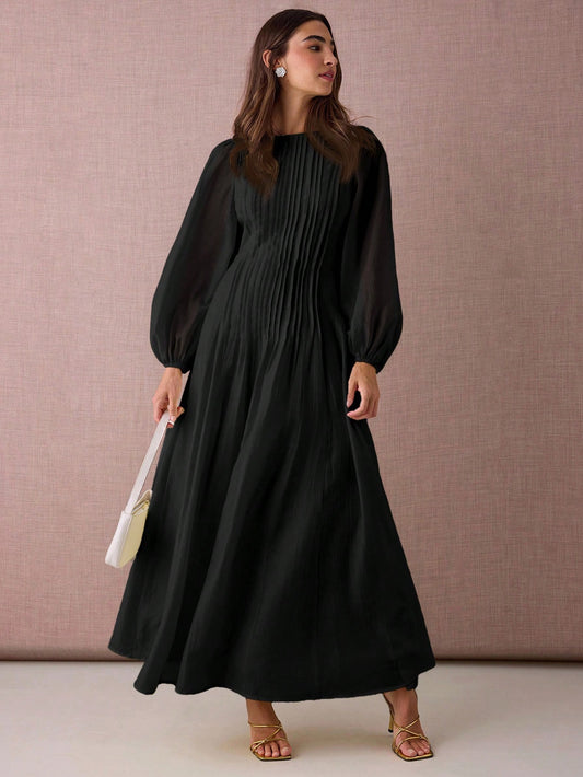 CM-DS935764 Women Elegant Seoul Style Round Neck Lantern Sleeve Pleated Design A-Line Maxi Dress - Black