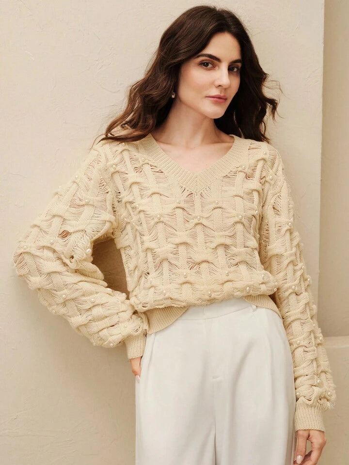 CM-CS012624 Women Elegant Seoul Style Faux Pearl Decor Hollow V-Neck Loose Long Sleeve Sweater - Apricot