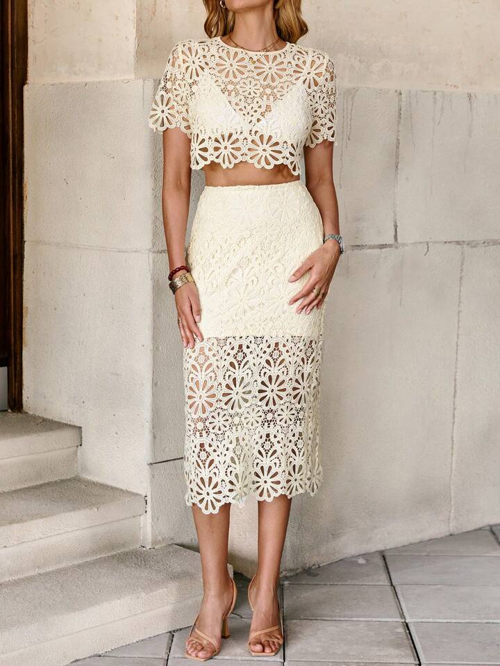 CM-SS047341 Women Trendy Bohemian Style Hollow Out Lace Round Neck Short Sleeve Crop Top With Midi Skirt - Set