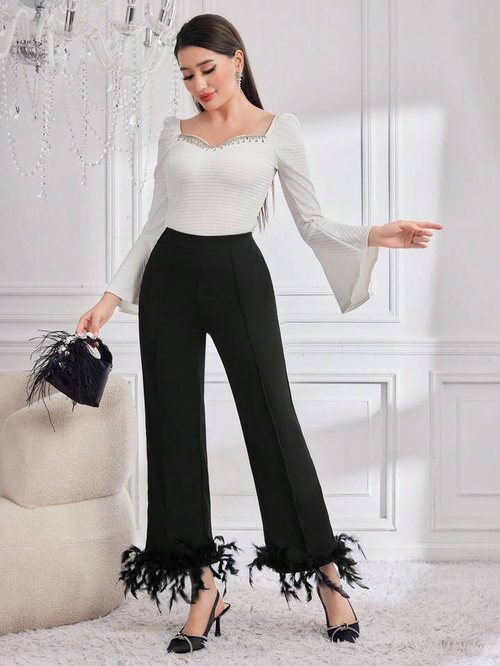 CM-BS368716 Women Elegant Seoul Style High Waist Feather Hem Flare Pants - Black