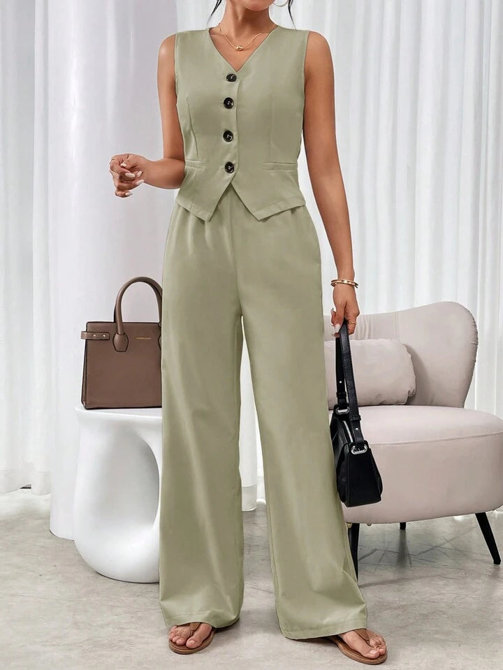 CM-SS881449 Women Casual Seoul Style V-Neck Sleeveless Single Breasted Suit Vest With Long Pants - Green