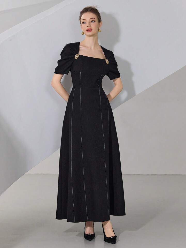 CM-DS920740 Women Casual Seoul Style Square Neck Puff Sleeve High Waist Long Dress - Black