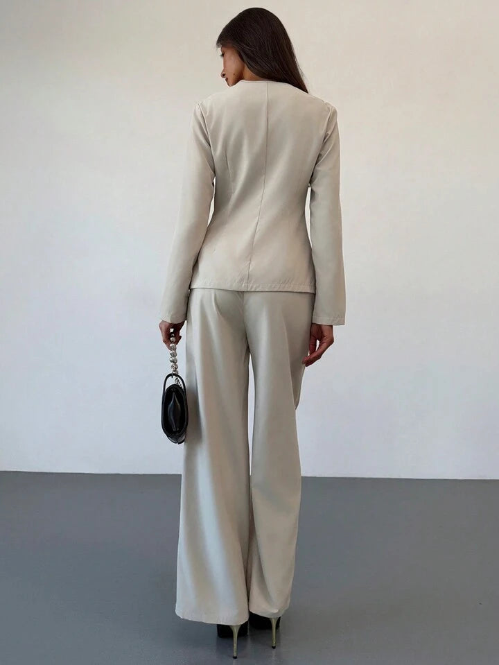CM-SS011191 Women Elegant Seoul Style Slim Fit Round Neck Long Sleeve Top With Floor-Length Straight Leg Pants - Set