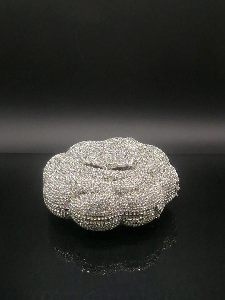 CM-BGS061611 Women Elegant Seoul Style Floral Design Rhinestone Crystal Handmade Clutch Bag - Silver