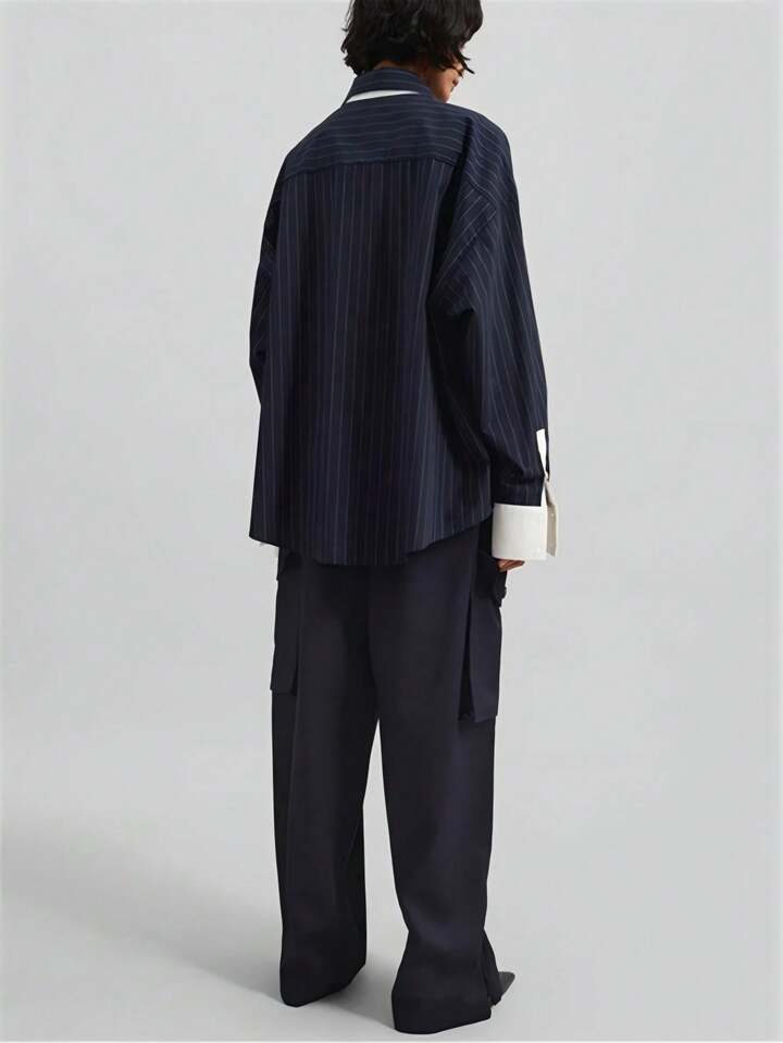 CM-TS867357 Women Elegant Seoul Style Shirt Collar Button Front Long Sleeve Striped Blouse - Navy Blue
