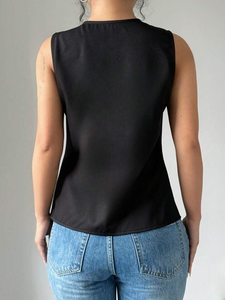 CM-TS907404 Women Casual Seoul Style Solid Color Tie Strap Sleeveless Top - Black